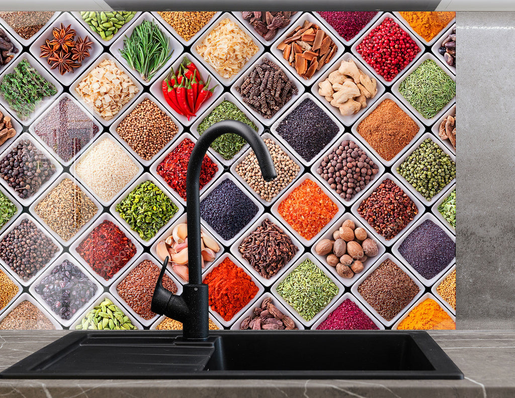 Gourmet Spice Grid - Glass Kitchen Backsplash-BacksplashArtworks