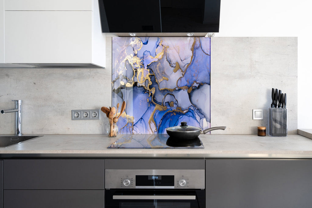 Golden Veins on Blue Marble - Glass Kitchen Backsplash-BacksplashArtworks