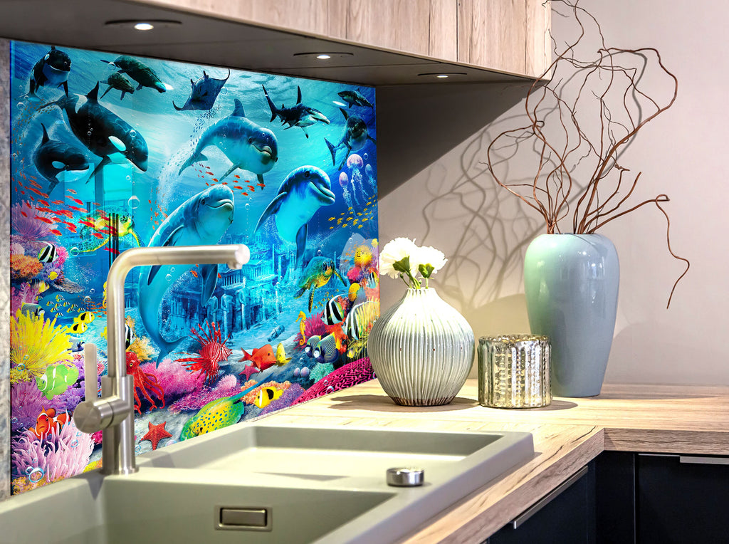 Vibrant Ocean Life Glass Kitchen Backsplash – Dolphin & Coral Reef Design-BacksplashArtworks