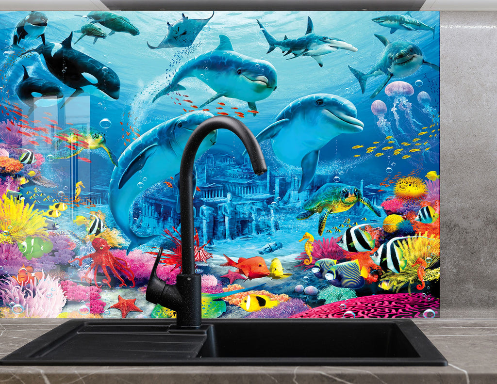 Vibrant Ocean Life Glass Kitchen Backsplash – Dolphin & Coral Reef Design-BacksplashArtworks