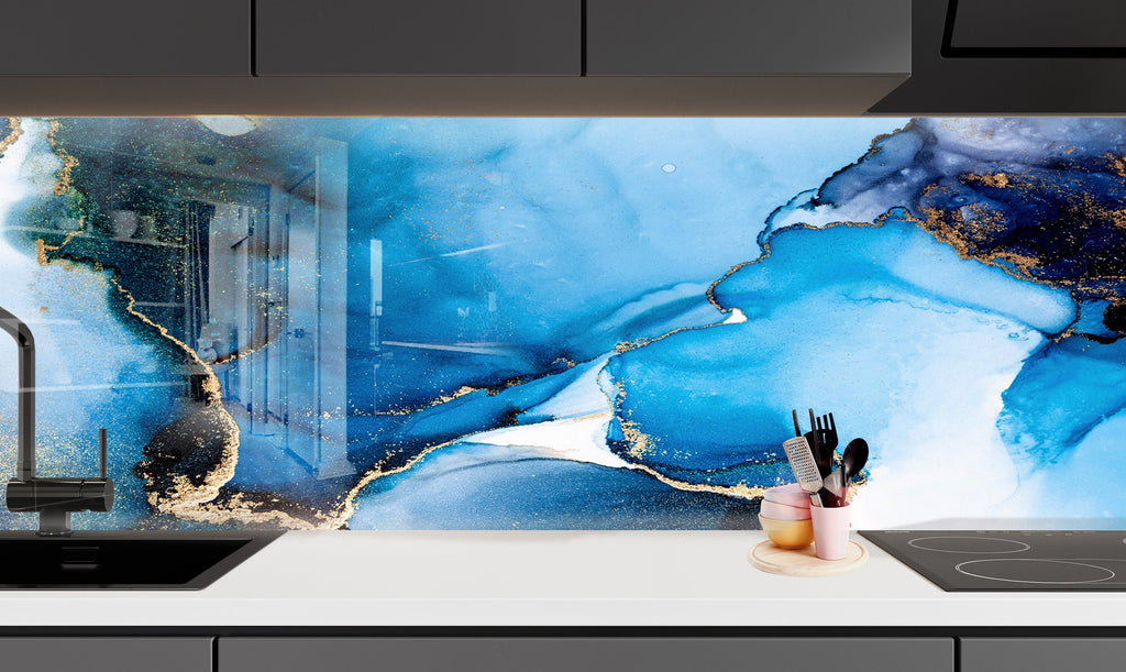 Blue Gold Abstract Marble - Glass Kitchen Backsplash-BacksplashArtworks