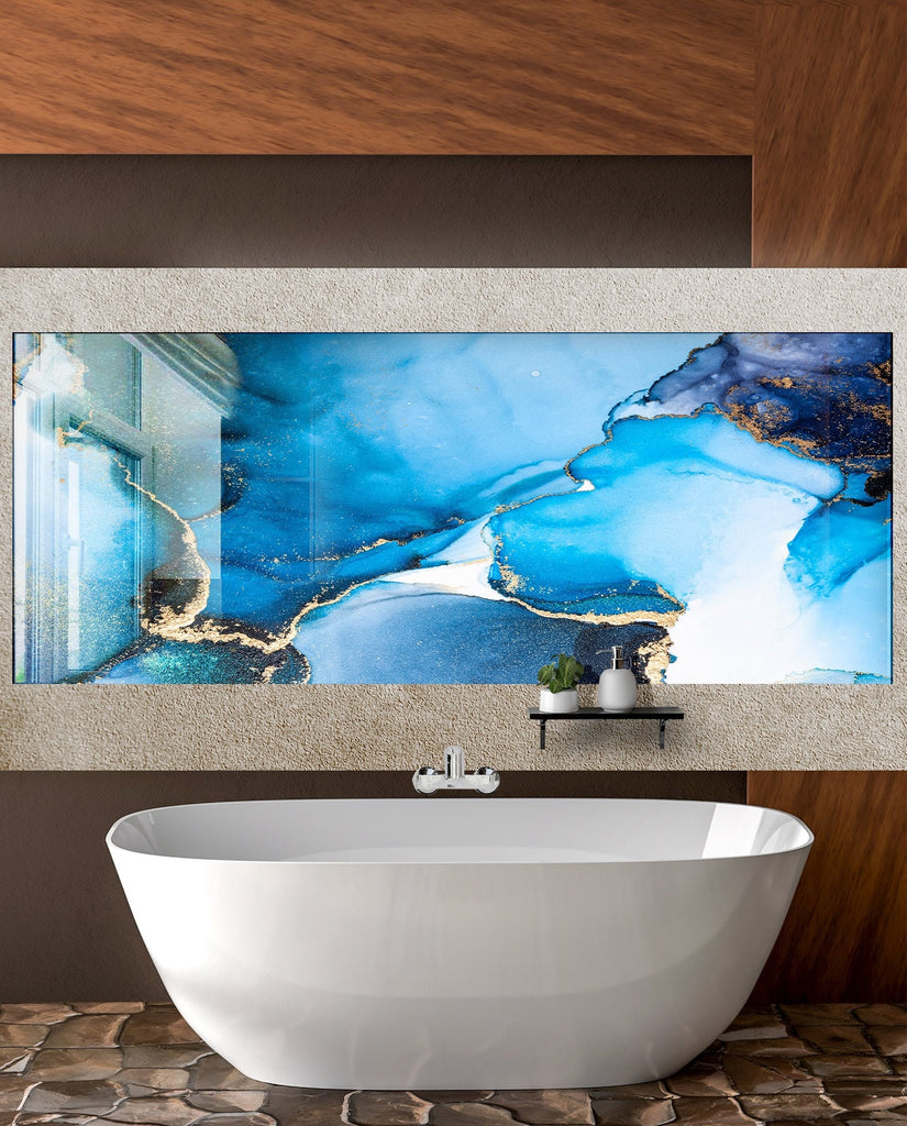 Blue Gold Abstract Marble - Glass Kitchen Backsplash-BacksplashArtworks