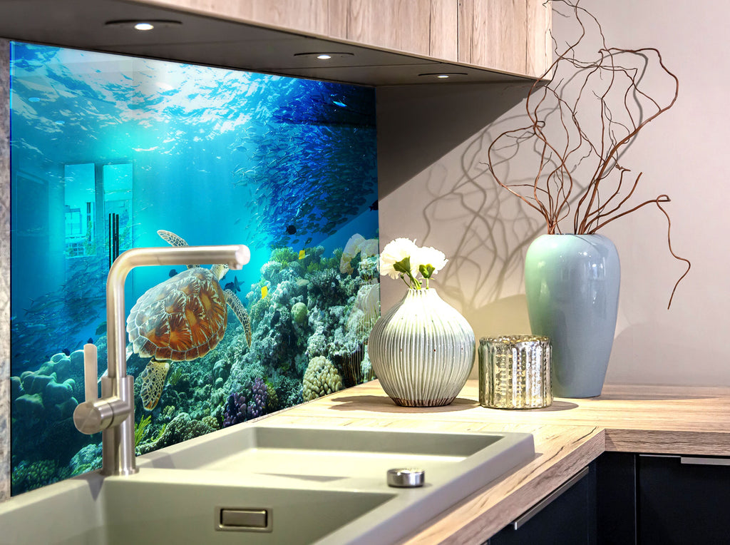 Vibrant Ocean Life Glass Kitchen Backsplash – Sea Turtle & Coral Reef Design-BacksplashArtworks