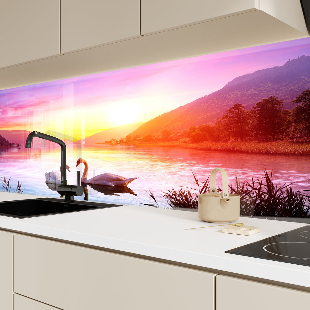 Romantic Sunset Lake – Glass Kitchen Backsplash-BacksplashArtworks
