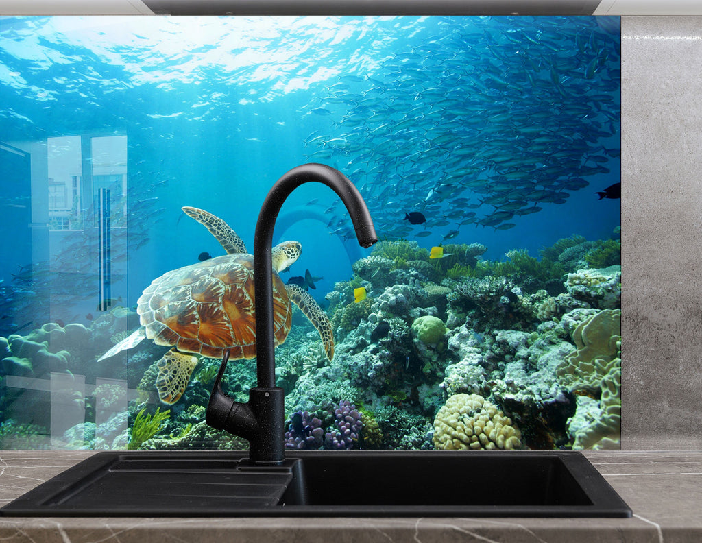 Vibrant Ocean Life Glass Kitchen Backsplash – Sea Turtle & Coral Reef Design-BacksplashArtworks