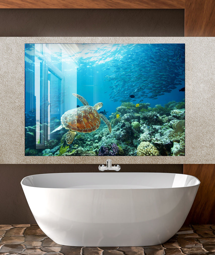 Vibrant Ocean Life Glass Kitchen Backsplash – Sea Turtle & Coral Reef Design-BacksplashArtworks