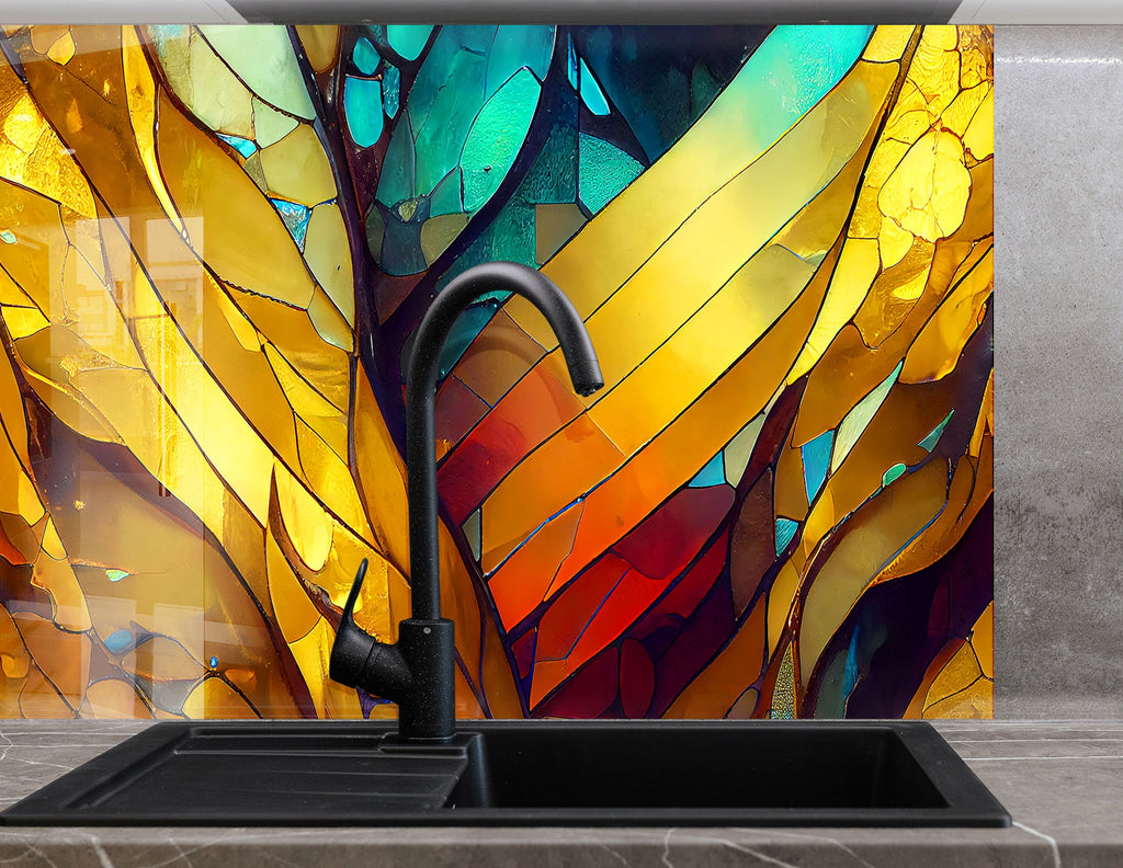 Golden & Blue Stained - Glass Kitchen Backsplash-BacksplashArtworks