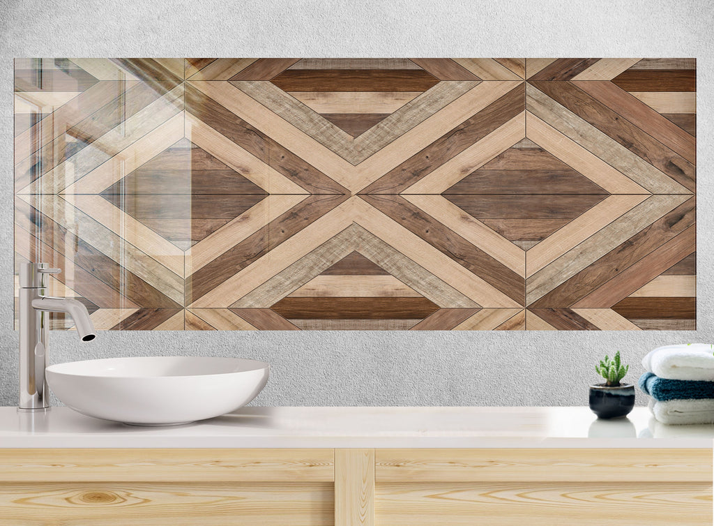 Geometric Wood Pattern - Glass Kitchen Backsplash-BacksplashArtworks