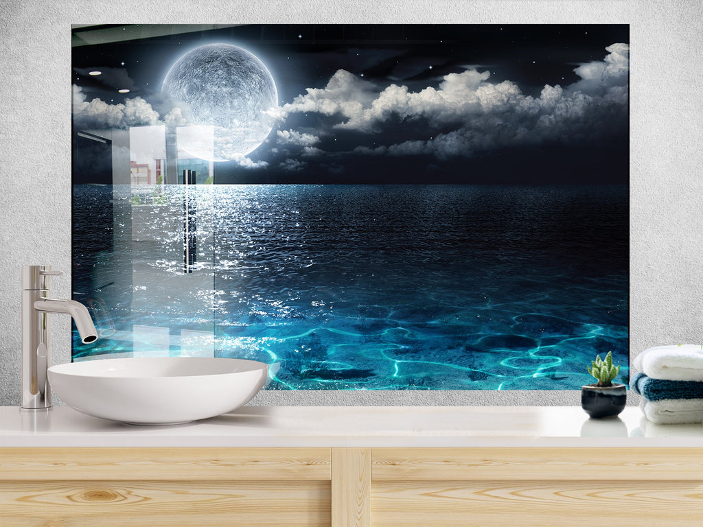 Moonlit Ocean Night Wall Art - Tempered Glass Kitchen Backsplash-BacksplashArtworks