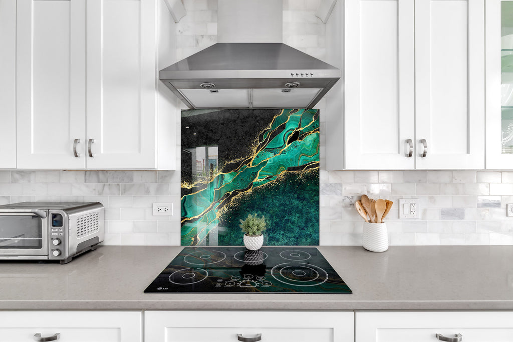 Emerald & Gold Fluid Art - Glass Kitchen Backsplash-BacksplashArtworks