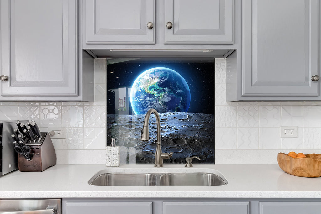 Moon & Earth Glass Kitchen Backsplash – Cosmic Space Design-BacksplashArtworks