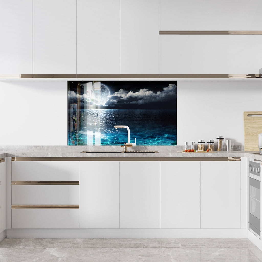 Moonlit Ocean Night Wall Art - Tempered Glass Kitchen Backsplash-BacksplashArtworks