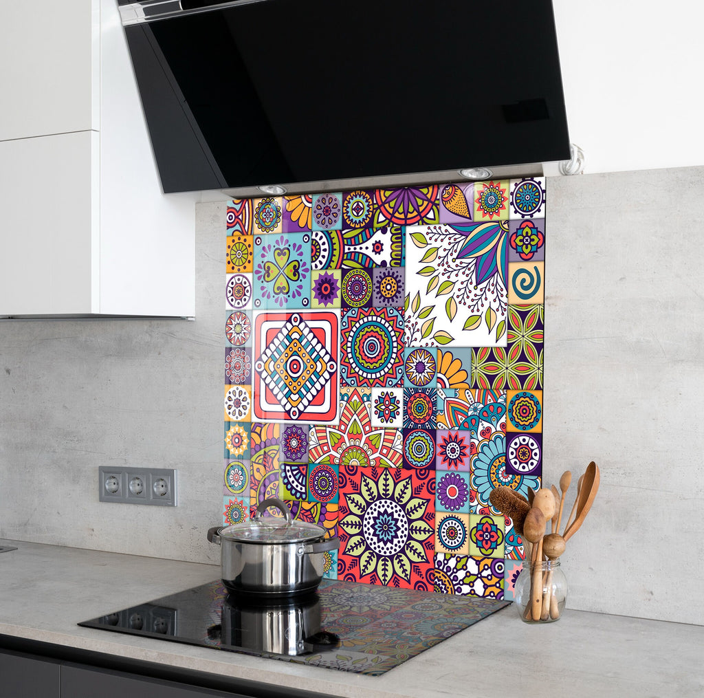 Mosaic Glass Kitchen Backsplash with Colorful Boho Floral Design-BacksplashArtworks