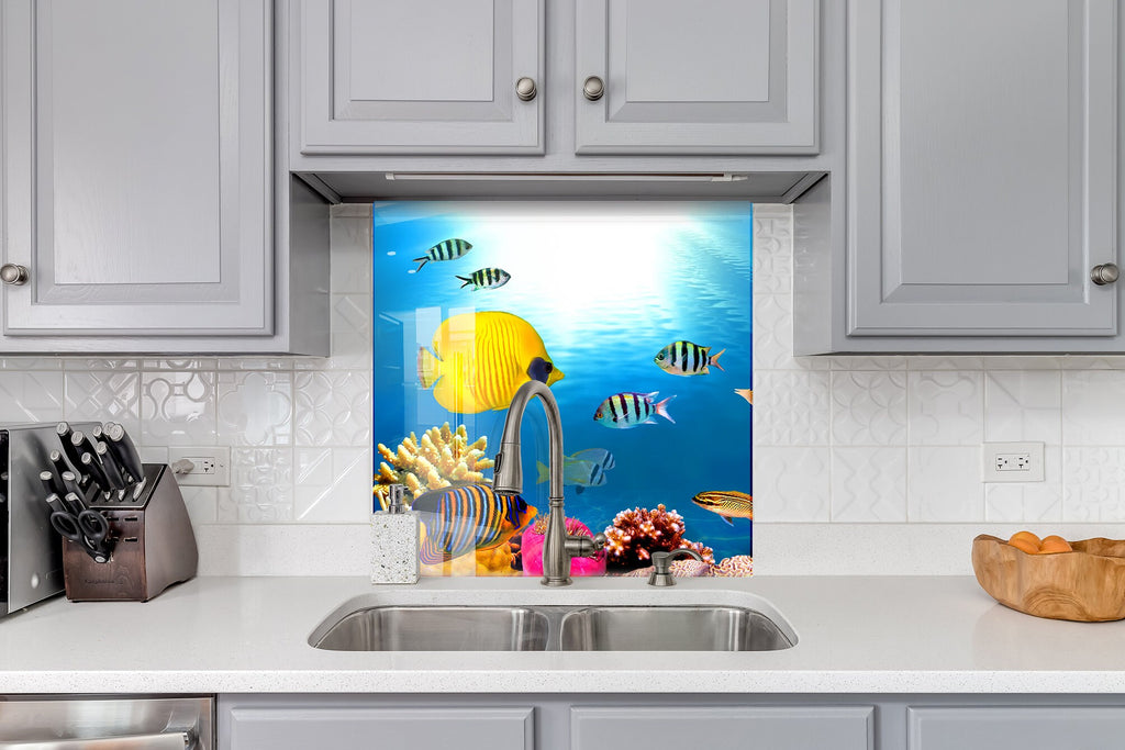 Vibrant Ocean Life Glass Kitchen Backsplash – Colorful Tropical Fish Design-BacksplashArtworks