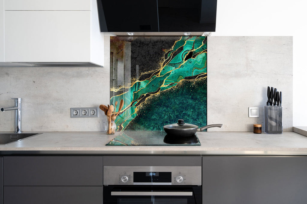 Emerald & Gold Fluid Art - Glass Kitchen Backsplash-BacksplashArtworks