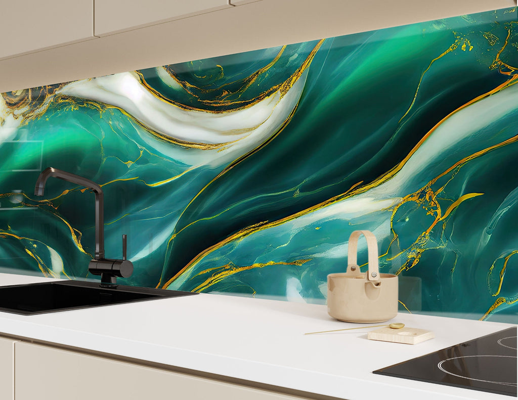 Emerald Waves - Glass Kitchen Backsplash-BacksplashArtworks