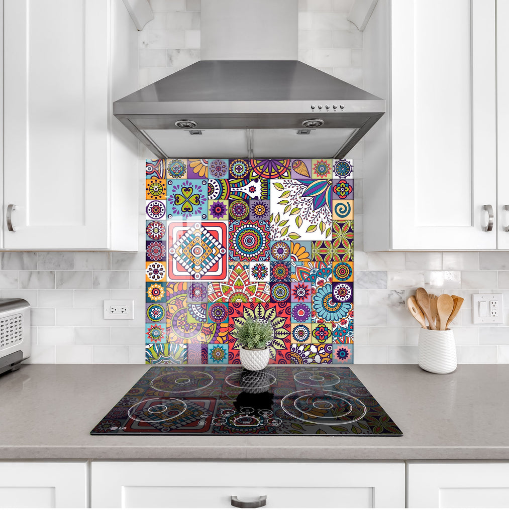 Mosaic Glass Kitchen Backsplash with Colorful Boho Floral Design-BacksplashArtworks