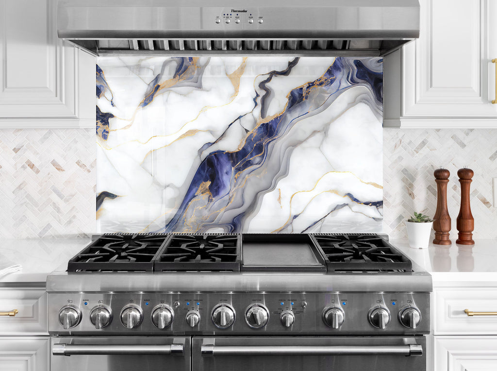 Marble Swirls in Blue and Gold - Glass Kitchen Backsplash-BacksplashArtworks