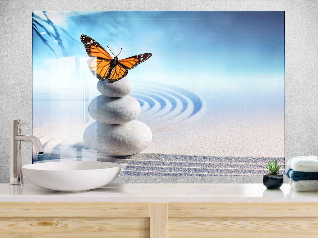 Zen Serenity – Butterfly & Stones - Glass Kitchen Backsplash-BacksplashArtworks