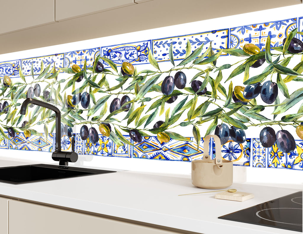 Olive Oil Glass Kitchen Backsplash – Rustic Olive Design with Tiles-BacksplashArtworks