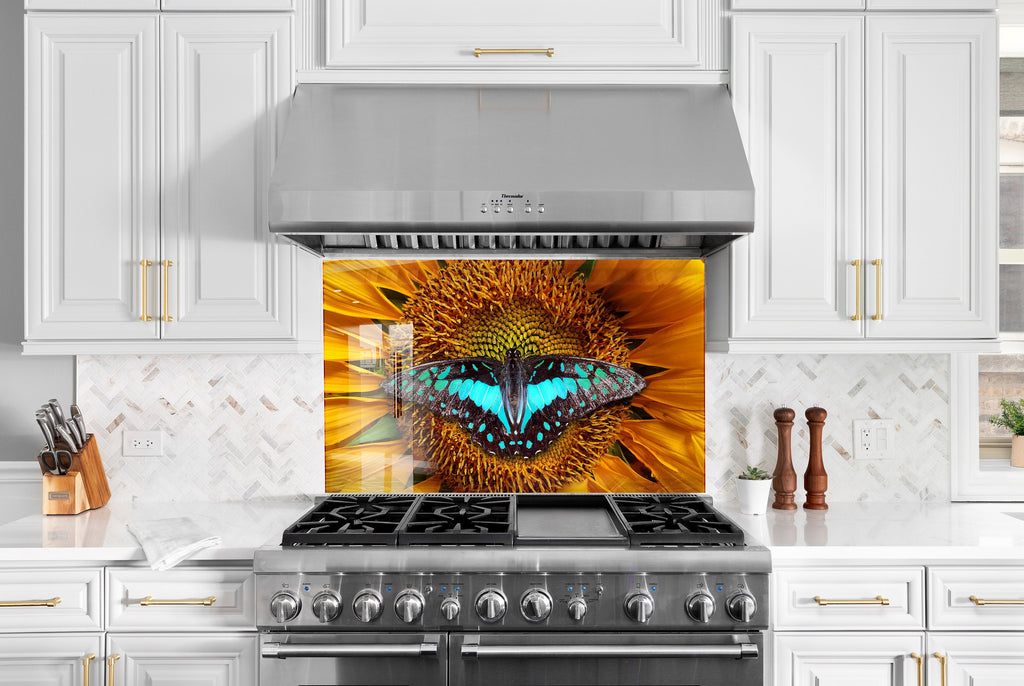 Sunflower Bliss – Butterfly - Glass Kitchen Backsplash-BacksplashArtworks