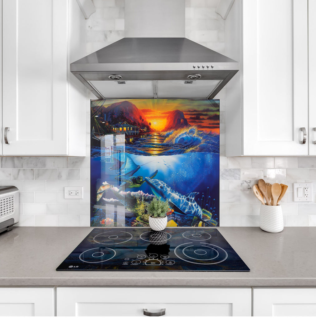 Vibrant Ocean Sunset Glass Kitchen Backsplash – Dolphins in the Sea Design-BacksplashArtworks