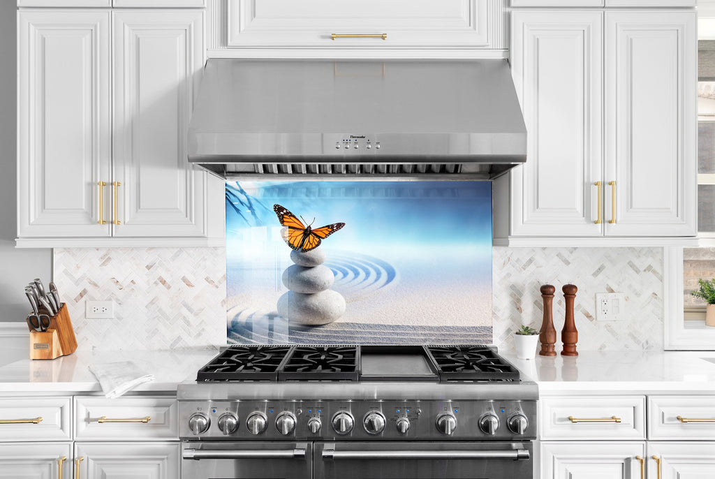 Zen Serenity – Butterfly & Stones - Glass Kitchen Backsplash-BacksplashArtworks