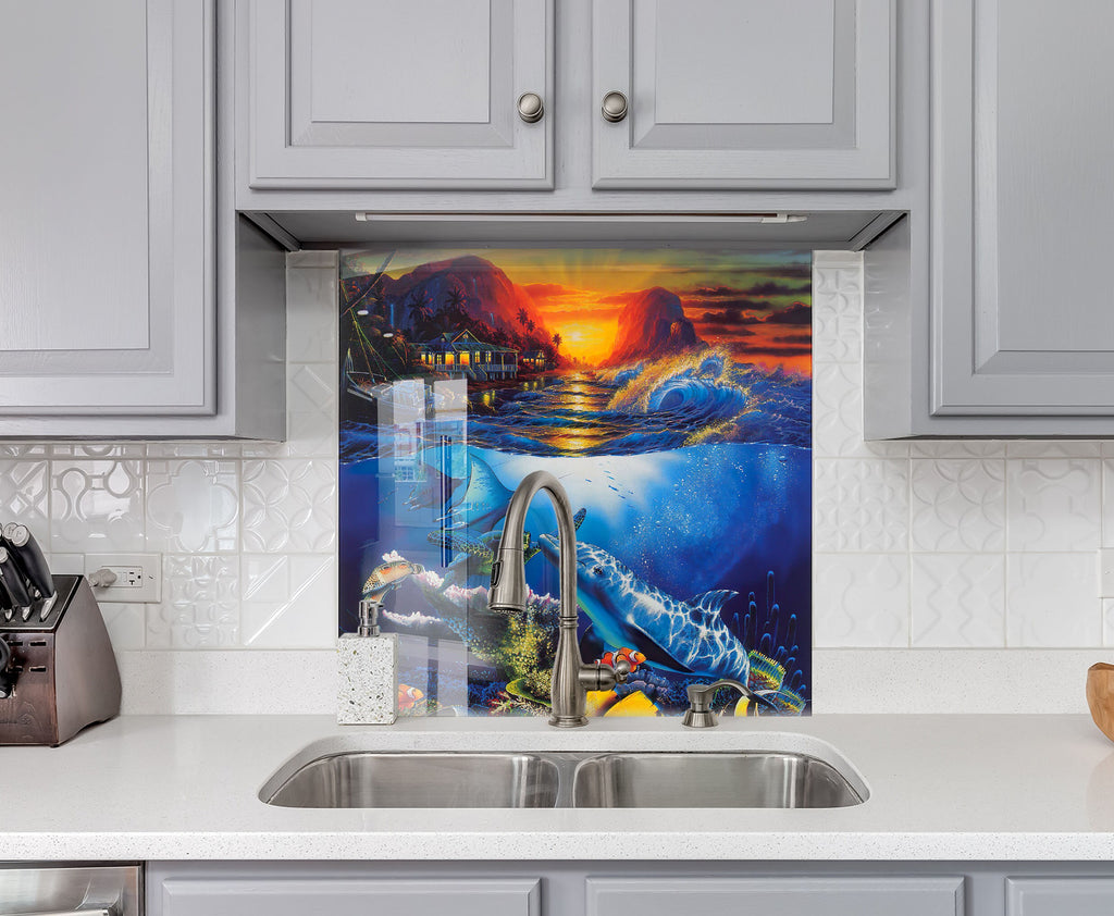 Vibrant Ocean Sunset Glass Kitchen Backsplash – Dolphins in the Sea Design-BacksplashArtworks
