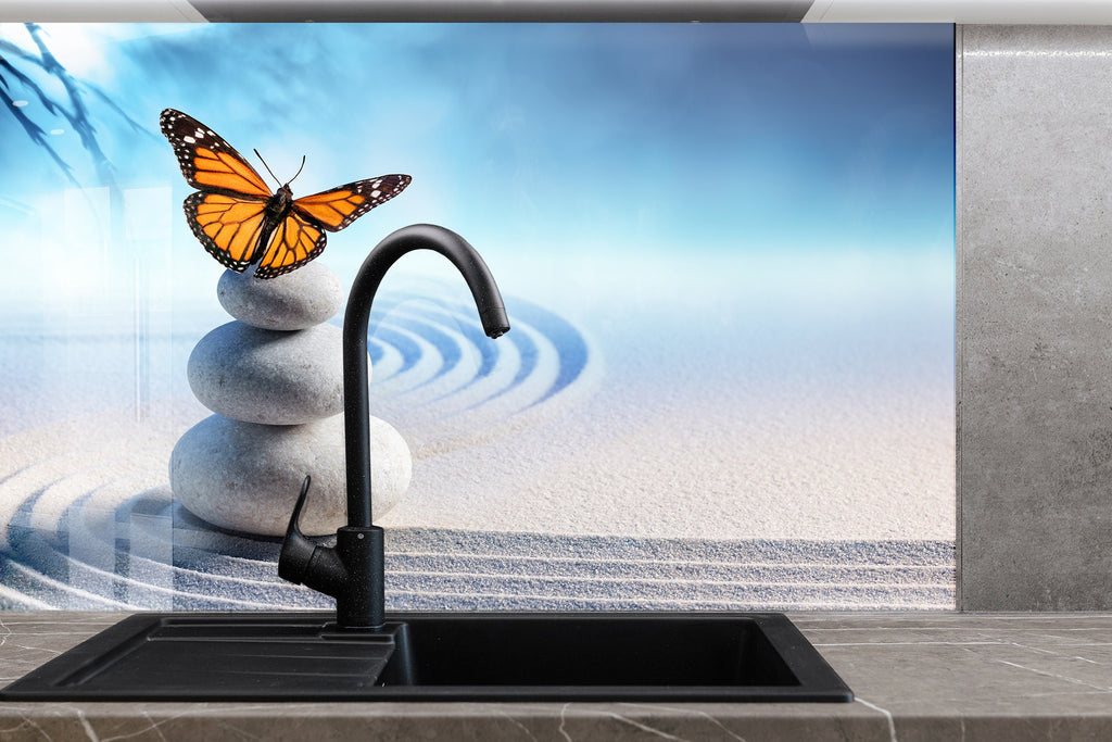 Zen Serenity – Butterfly & Stones - Glass Kitchen Backsplash-BacksplashArtworks