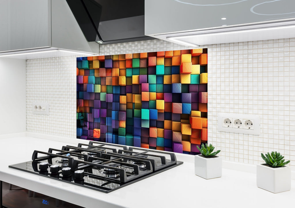 Modern Cubes Tempered Glass Backsplash-BacksplashArtworks