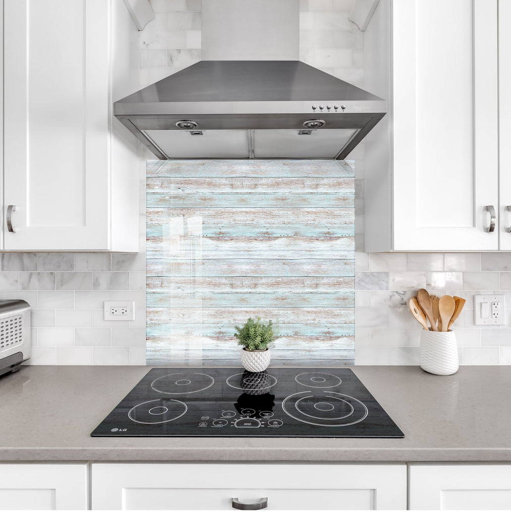 Coastal Blue Weathered Wood - Tempered Glass Kitchen Backsplash-BacksplashArtworks