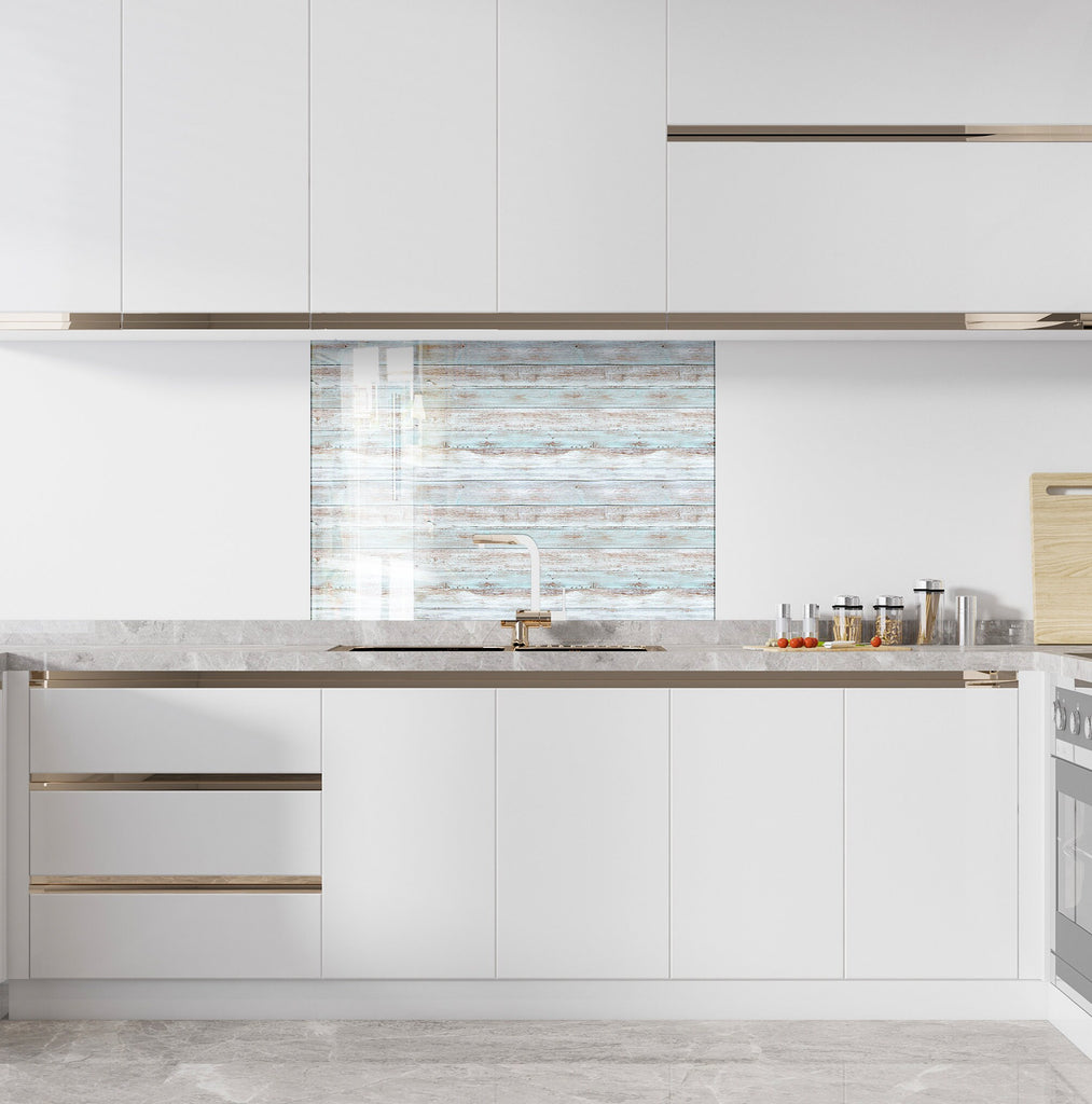 Coastal Blue Weathered Wood - Tempered Glass Kitchen Backsplash-BacksplashArtworks