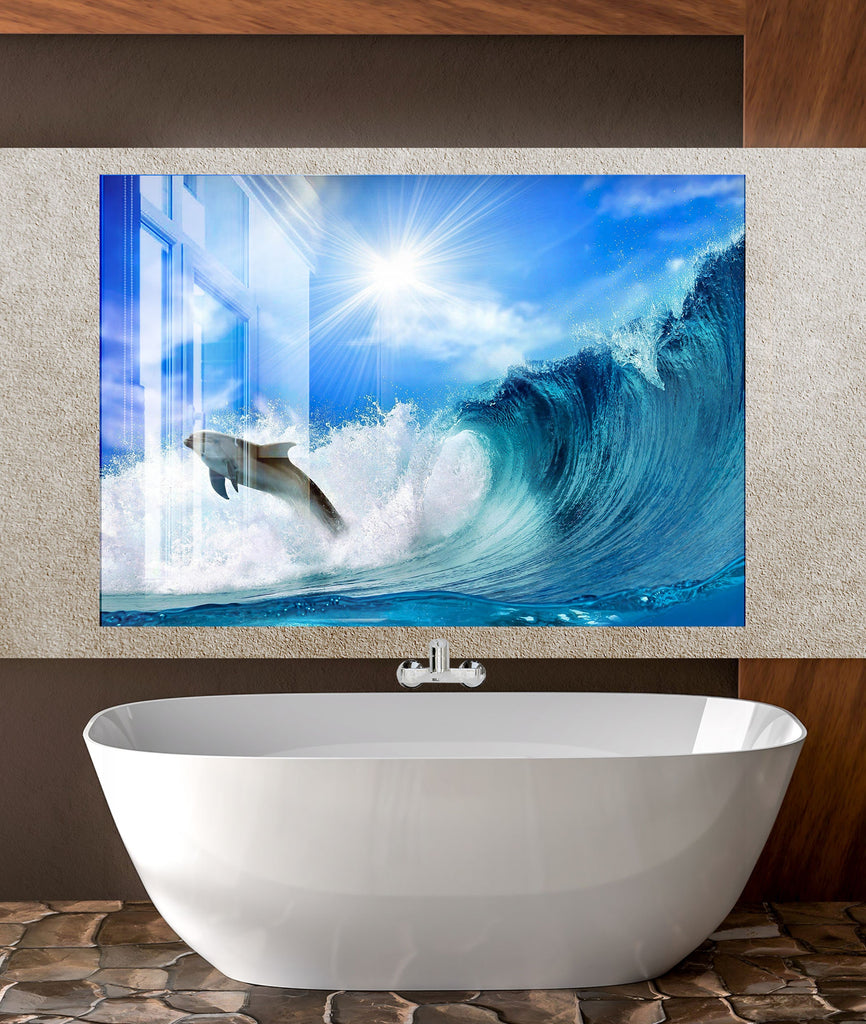 Vibrant Ocean Life Glass Kitchen Backsplash – Dolphin in Ocean Wave-BacksplashArtworks