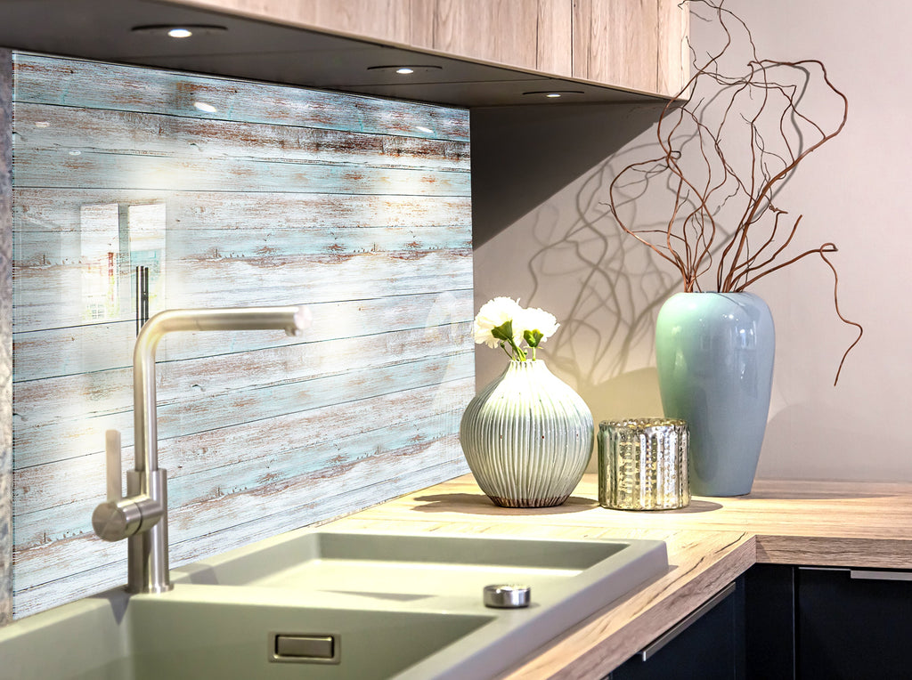 Coastal Blue Weathered Wood - Tempered Glass Kitchen Backsplash-BacksplashArtworks