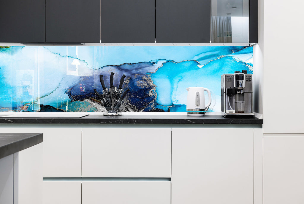 Tranquil Blue Waves - Glass Bathroom Backsplash-BacksplashArtworks