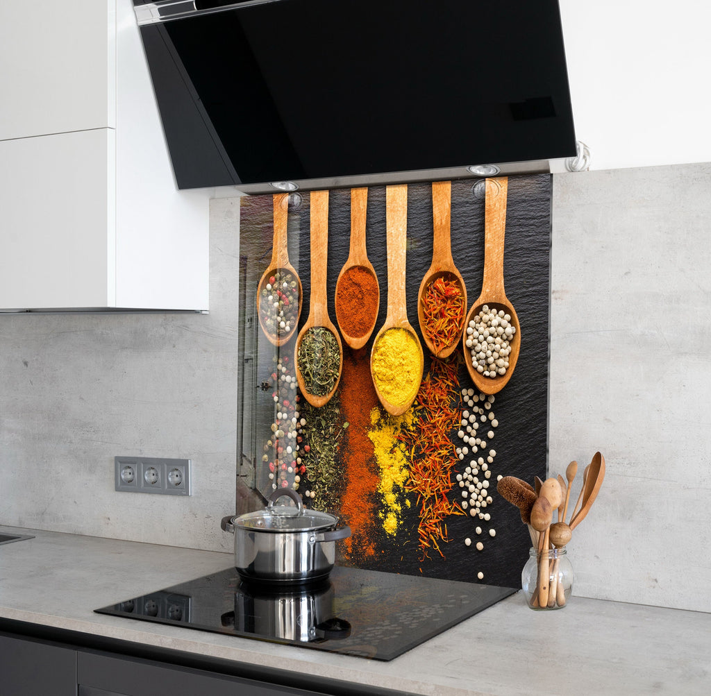 Golden Spice Harmony - Glass Kitchen Backsplash-BacksplashArtworks