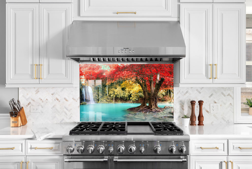Autumn Waterfall Serenity - Glass Kitchen Backsplash-BacksplashArtworks
