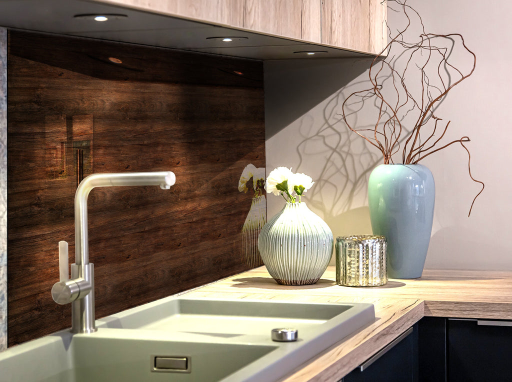 Dark Walnut Wood Design - Tempered Glass Kitchen Backsplash-BacksplashArtworks