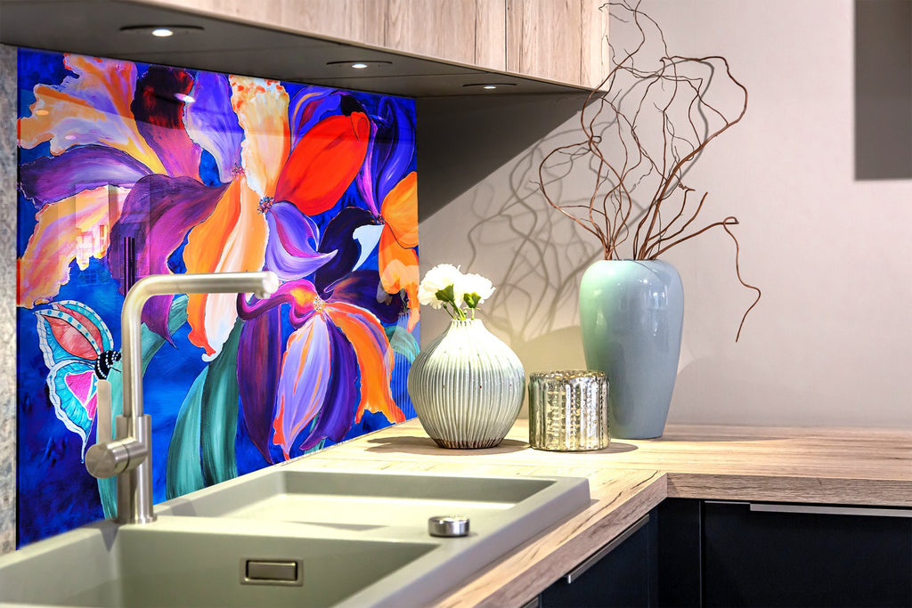 Botanical Floral Tempered Glass Backsplash-BacksplashArtworks