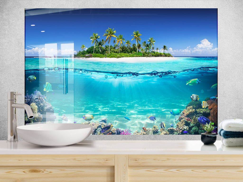 Tropical Island Ocean View Glass Kitchen Backsplash – Tranquil Paradise Design-BacksplashArtworks