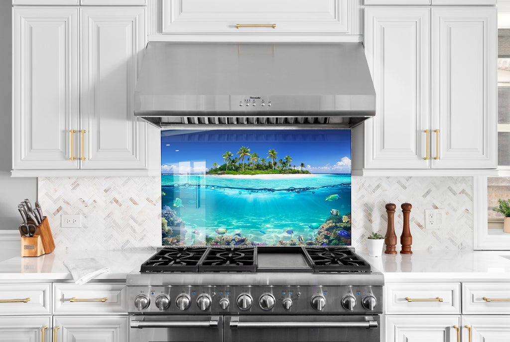 Tropical Island Ocean View Glass Kitchen Backsplash – Tranquil Paradise Design-BacksplashArtworks