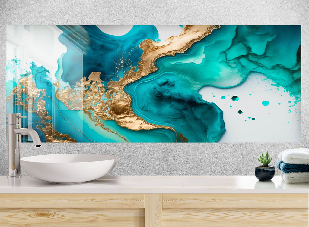 Turquoise & Gold Fluid Art - Glass Kitchen Backsplash-BacksplashArtworks