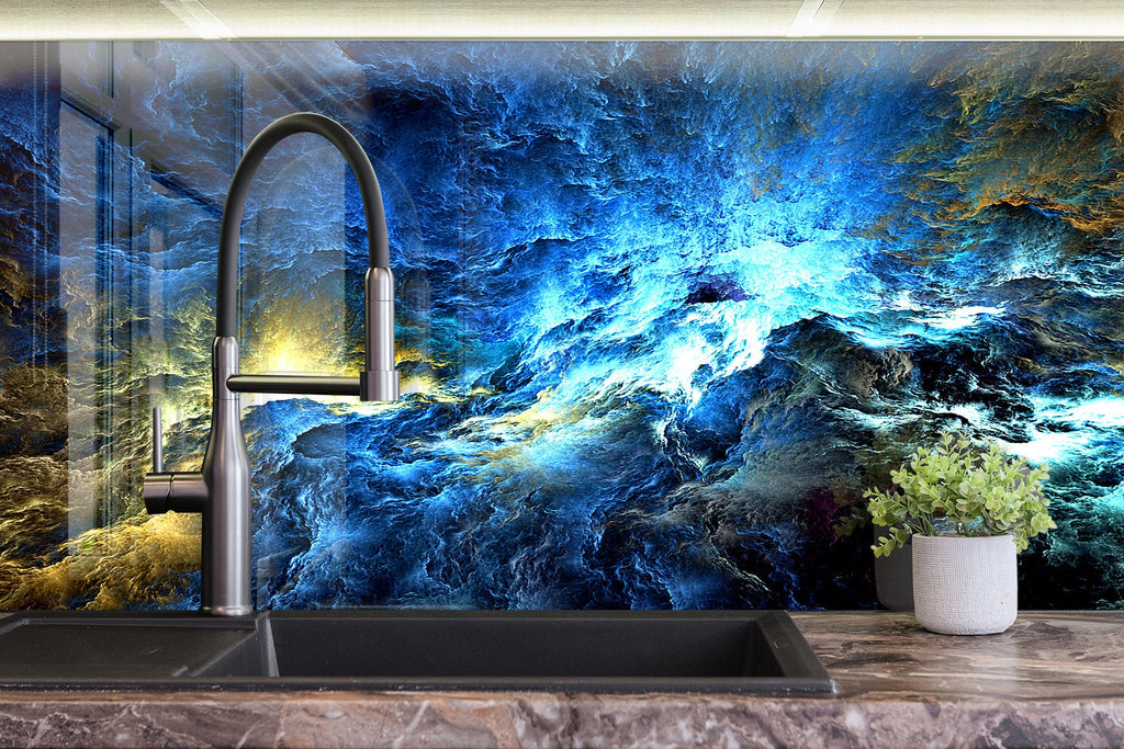 Celestial Ocean Mystical Blue - Glass Kitchen Backsplash-BacksplashArtworks