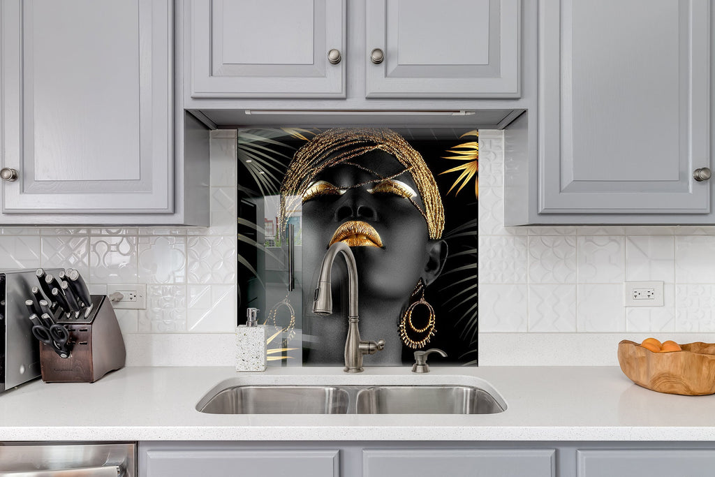 Luxury Black & Gold African Queen - Glass Kitchen Backsplash-BacksplashArtworks