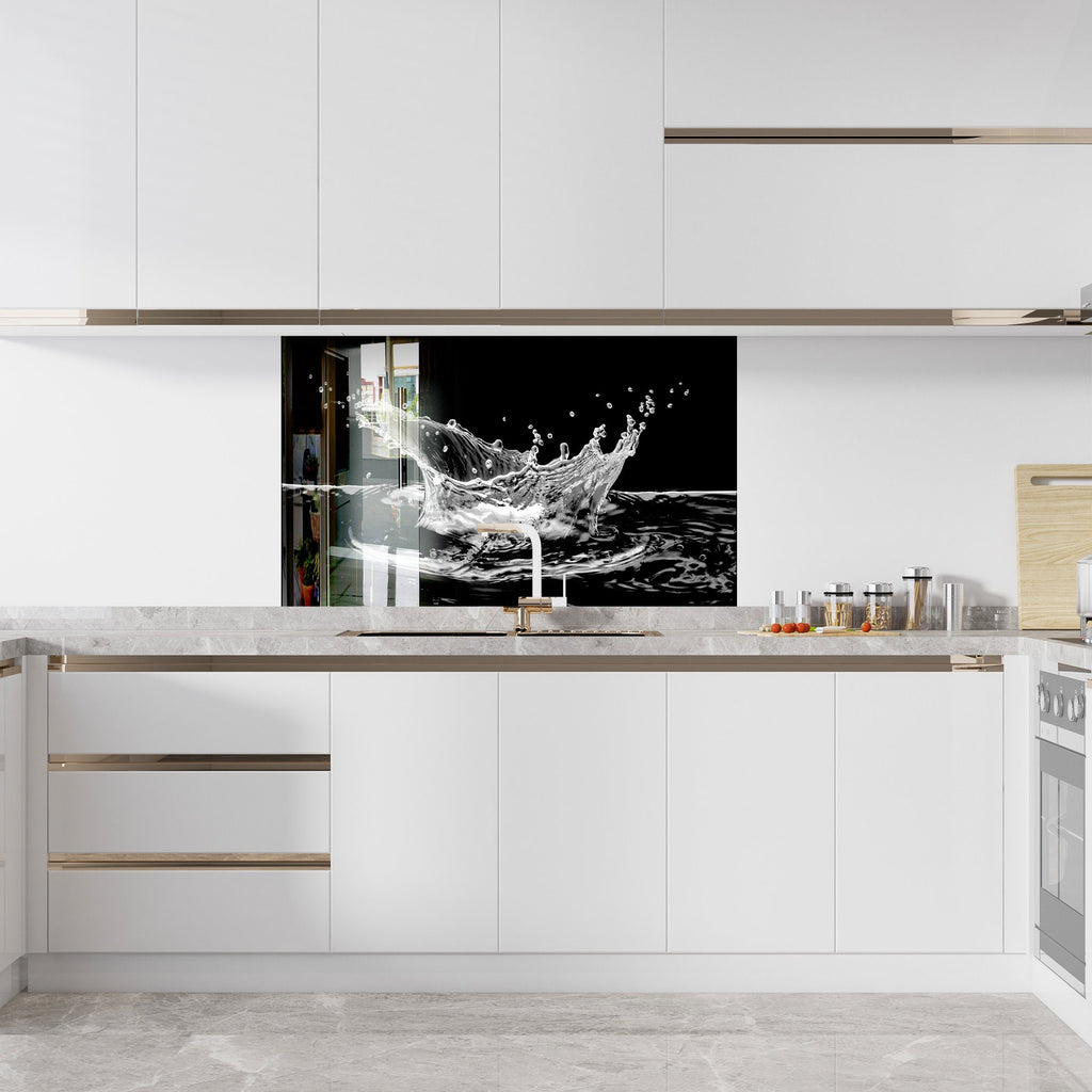 Black & White Water Splash - Glass Kitchen Backsplash-BacksplashArtworks