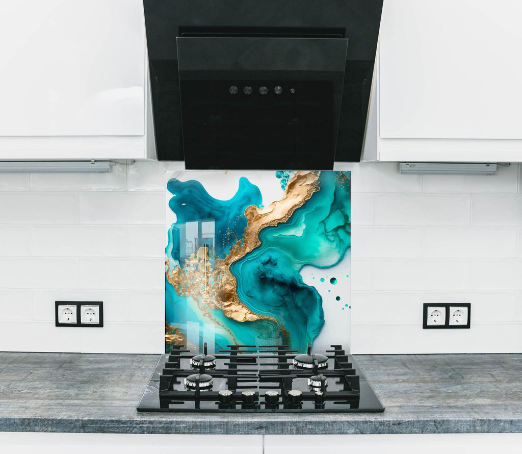 Turquoise & Gold Fluid Art - Glass Kitchen Backsplash-BacksplashArtworks