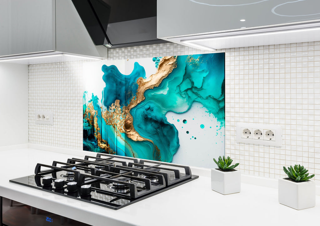Turquoise & Gold Fluid Art - Glass Kitchen Backsplash-BacksplashArtworks