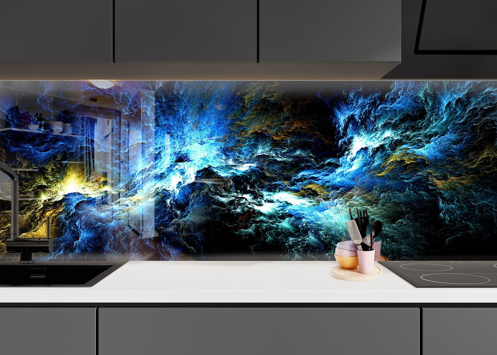 Celestial Ocean Mystical Blue - Glass Kitchen Backsplash-BacksplashArtworks