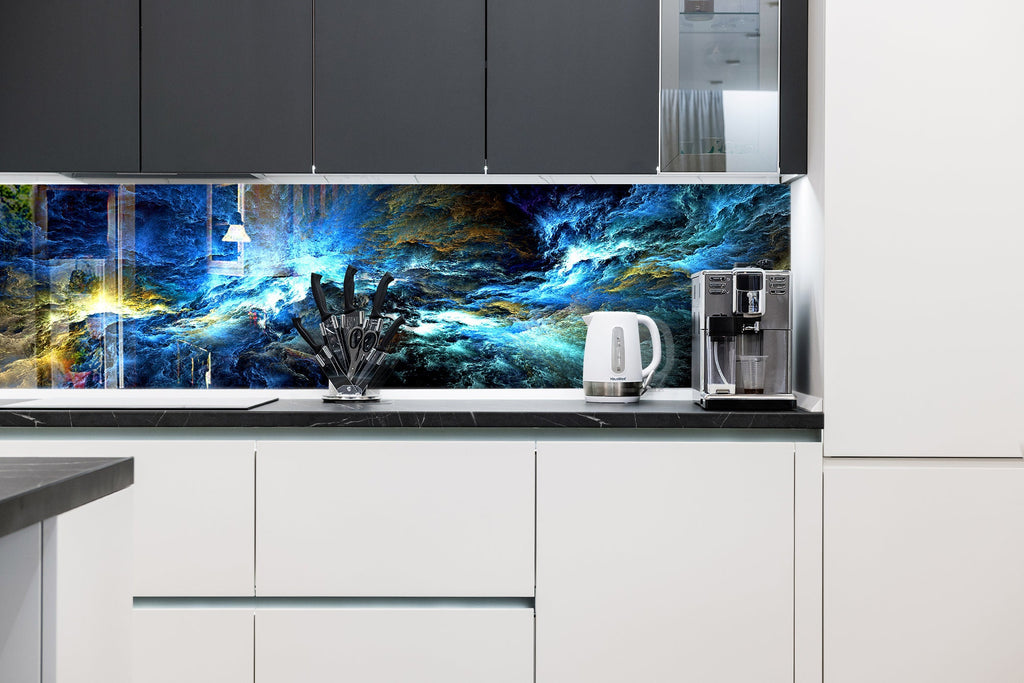 Celestial Ocean Mystical Blue - Glass Kitchen Backsplash-BacksplashArtworks