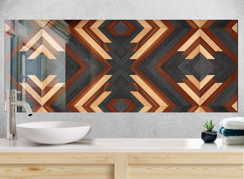 Geometric Wood Design - Glass Kitchen Backsplash-BacksplashArtworks